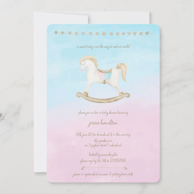 Rocking Horse Blue Rosa Gender Neutral Baby Shower Inbjudningar (Framsida)