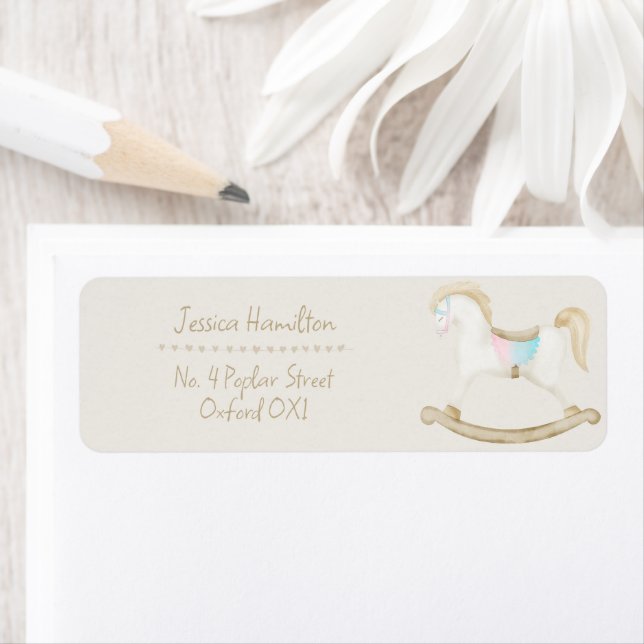 Rocking Horse Blue Rosa Gender Neutral Baby Shower Returadress Etikett (Insitu)