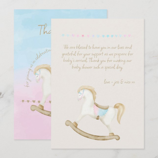 Rocking Horse Blue Rosa Gender Neutral Baby Shower Tack Kort (Fram/baksida)