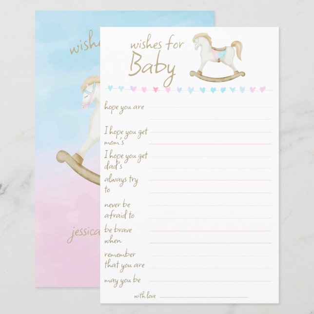Rocking Horse Blue Rosa Kön Neutral Önskemål Baby (Fram/baksida)