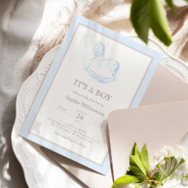 Rocking Horse Blue Toile De Jouy Baby Shower Inbjudningar