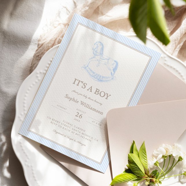 Rocking Horse Blue Toile De Jouy Baby Shower Inbjudningar (Skapare uppladdad)
