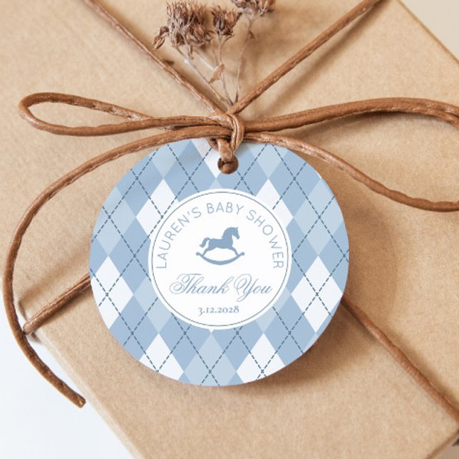 Rocking Horse Classic Argyle Blue Baby Shower Gåvor Etiketter (Skapare uppladdad)