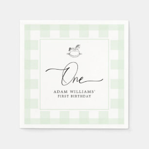 Rocking Horse Grönt Gingham 1st Birthday Napkins Pappersservett