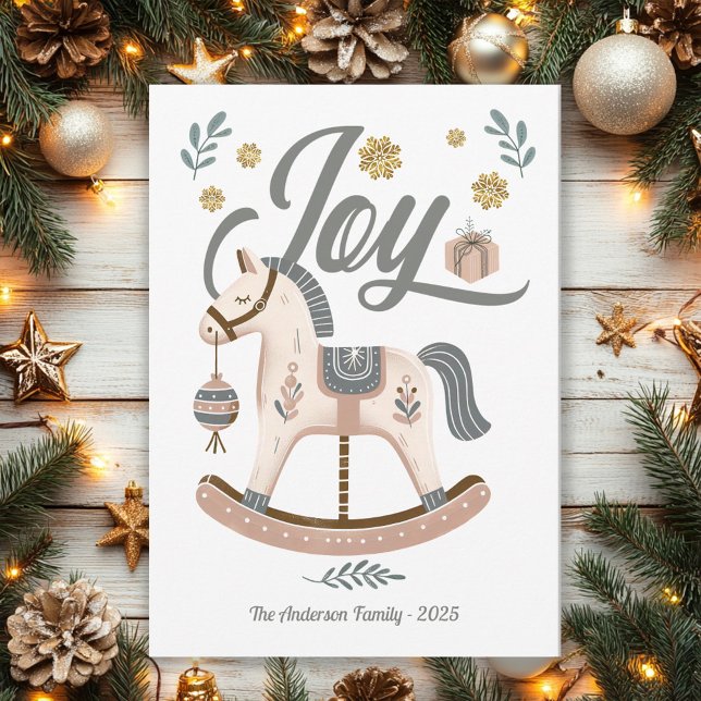 Rocking Horse Joy Vintage Boho Julkort (Vintage rocking horse "JOY" Christmas greeting card)