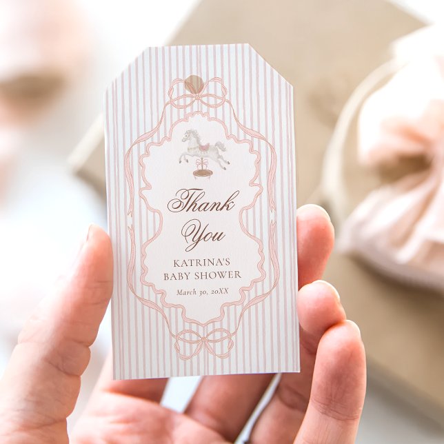 Rocking Horse Pink Baby Shower Thank You Presentetikett (Skapare uppladdad)