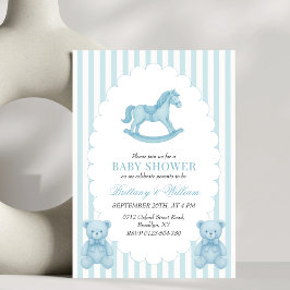 Rocking Horse Preppy Bear Blue Baby Shower Inbjudningar