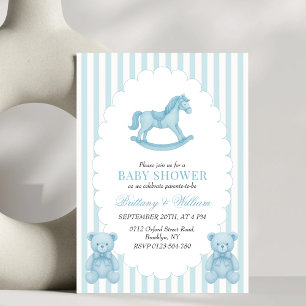 Rocking Horse Preppy Bear Blue Baby Shower Inbjudningar