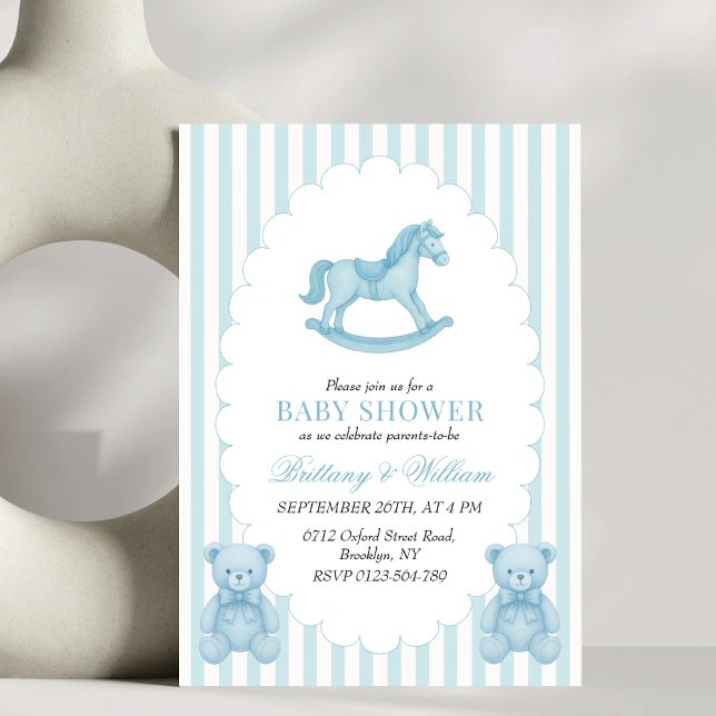Rocking Horse Preppy Bear Blue Baby Shower Inbjudningar (Skapare uppladdad)