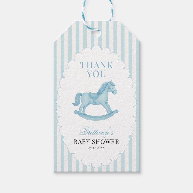 Rocking Horse Preppy Bear Blue Baby Shower Presentetikett (Framsidan)