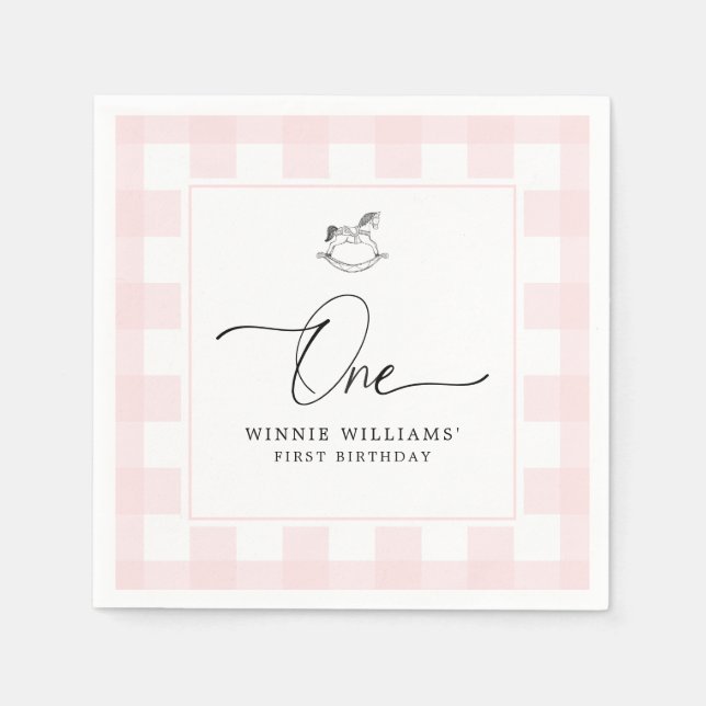 Rocking Horse Rosa Gingham 1st Birthday Napkins Pappersservett (Framsidan)