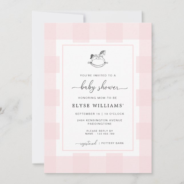 Rocking Horse Rosa Gingham Baby Shower-inbjudan Inbjudningar (Framsida)