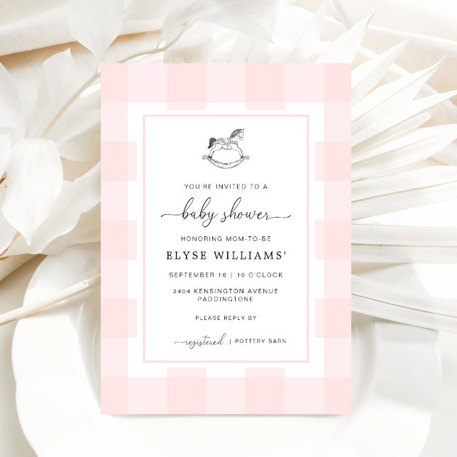 Rocking Horse Rosa Gingham Baby Shower-inbjudan Inbjudningar (Baby Shower Invitation Pink Gingham Rocking Horse )