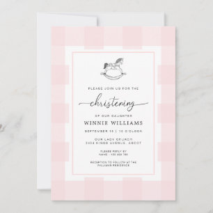 Rocking Horse Rosa Gingham Christening Investigati Inbjudningar