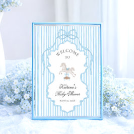 Rocking Horse Vintage Blue Baby Shower Welcome Poster