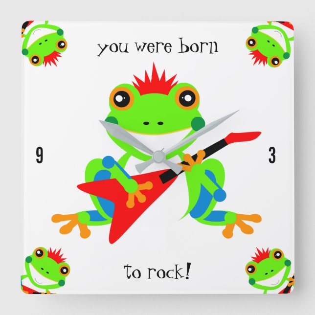Rockin'Träd Frogs med Red Guitars Fyrkantig Klocka (Framsida)