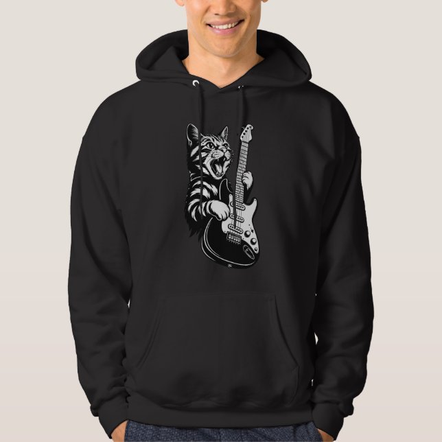 Rockkatt som spelar elgitarr, cool musikälskare hoodie (Framsida)