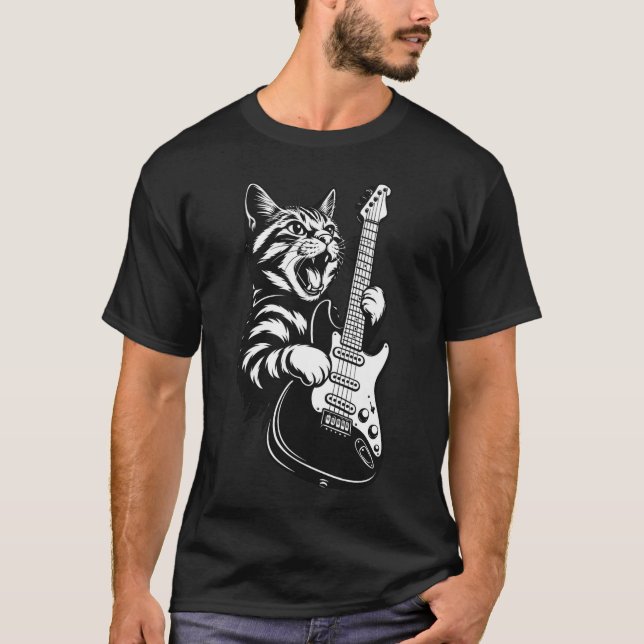 Rockkatt som spelar elgitarr, cool musikälskare t shirt (Framsida)