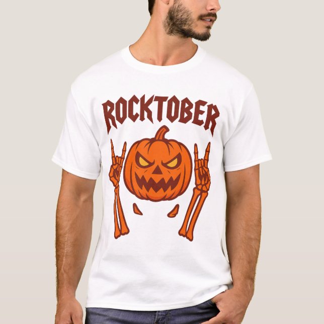 Rockoktober Sten på Skeleton Händer Pumpkin Hallow T Shirt (Framsida)