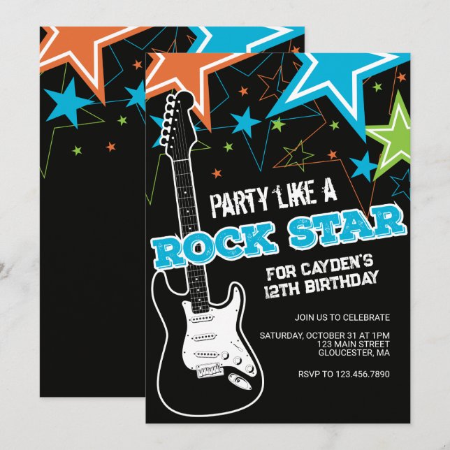 Rockstar Blå Orange gitarr födelsedagsinbjudan Inbjudningar (Fram/baksida)
