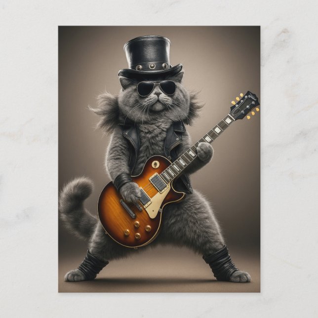 Rockstar Cat Playing Electric Guitar in Leather    Vykort (Framsida)