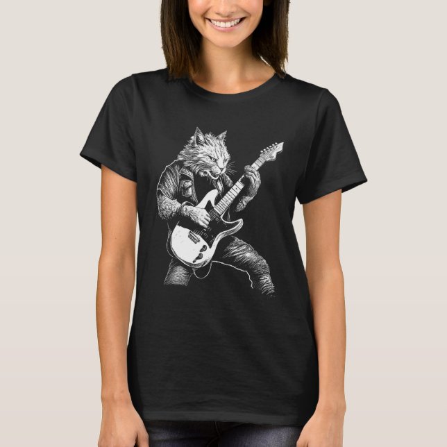 Rockstar Cat Shredding the Strings T Shirt (Framsida)