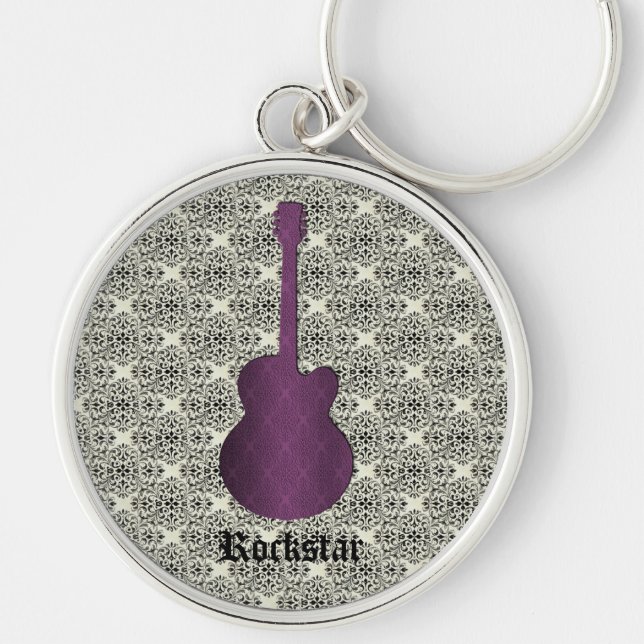 Rockstar Damask Guitar Keychain, Lila Rund Silverfärgad Nyckelring (Framsidan)