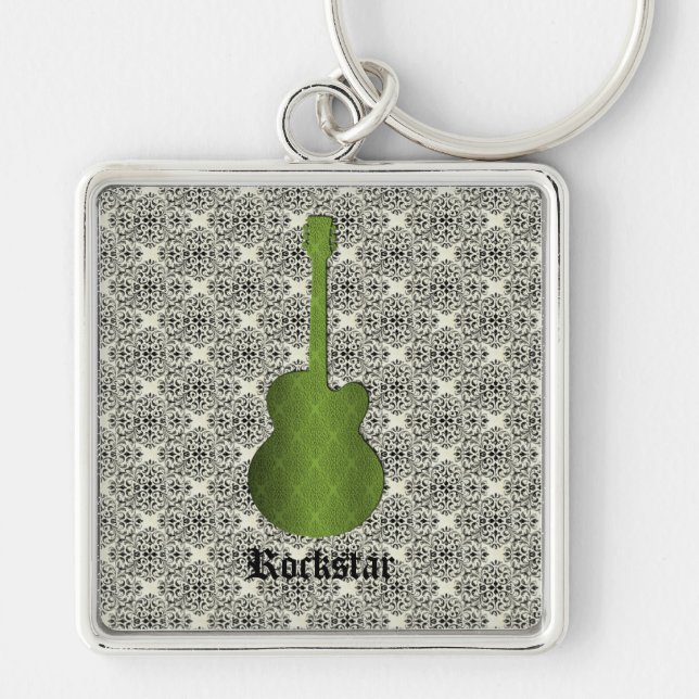 Rockstar Damask Guitar Keychain, Oliv grönt Fyrkantig Silverfärgad Nyckelring (Framsidan)