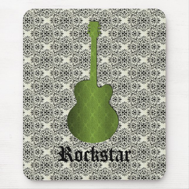 Rockstar Damask Guitar Mousepad, Oliv grönt Musmatta (Framsidan)