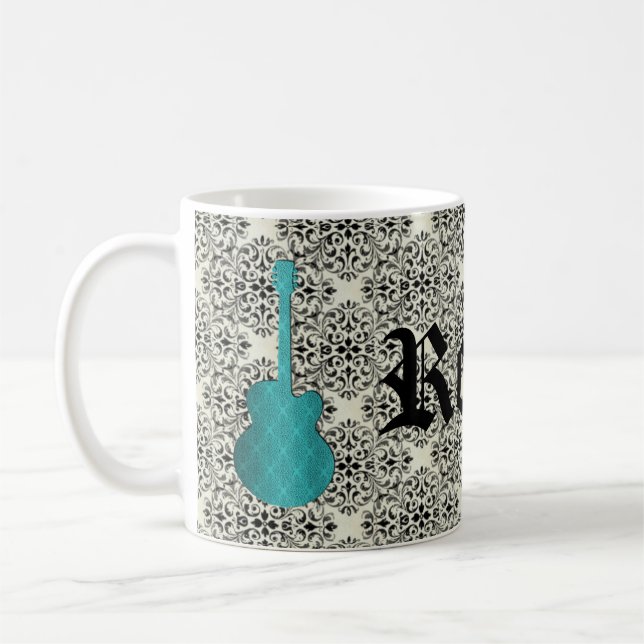 Rockstar Damask Guitar Mugg, Turquise Kaffemugg (Vänster)