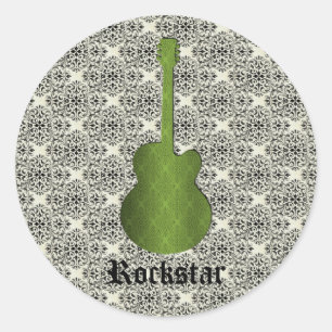 Rockstar Damask Guitar Stickers, Oliv grönt Runt Klistermärke