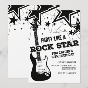 Rockstar-gitarr svart och vit födelsedag inbjudningar