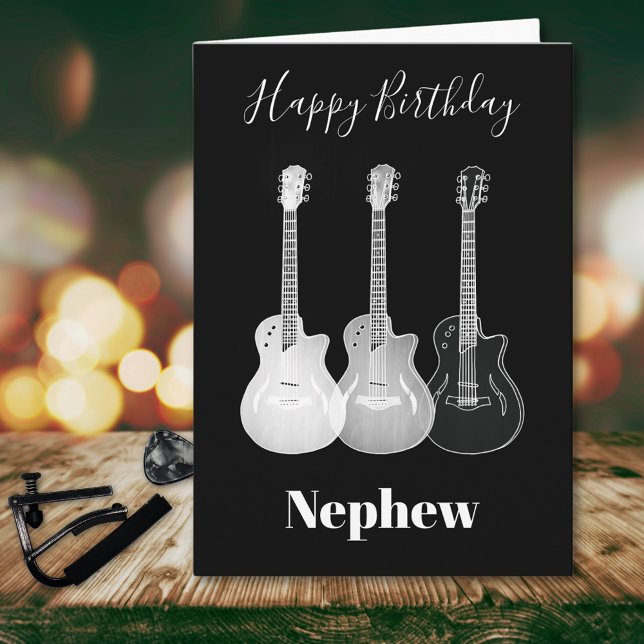 Rockstar Guitars Monochromatic Nephew Kort (Guitar happy birthday nephew cool black and white greetings card)