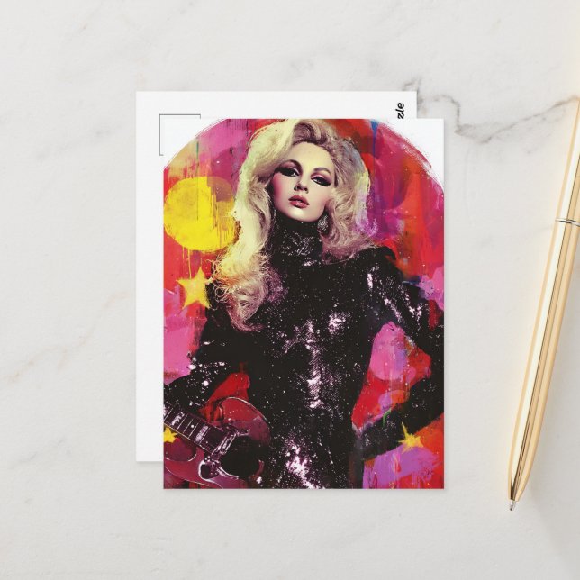 Rockstar med svart hår vykort (Fram/Back In Situ)