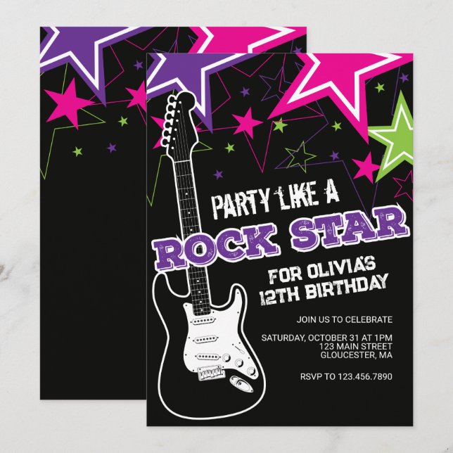 Rockstar Rosa lila gitarr födelsedag Inbjudningar (Fram/baksida)
