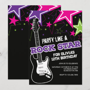 Rockstar Rosa lila gitarr födelsedag Inbjudningar
