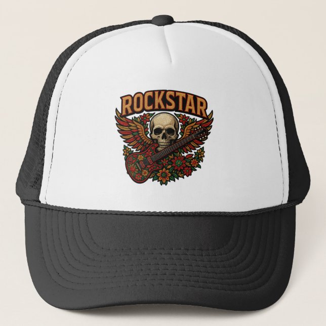Rockstar Skull Gitarrvingar – Djärv Blommig Brodyr Keps (Framsida)