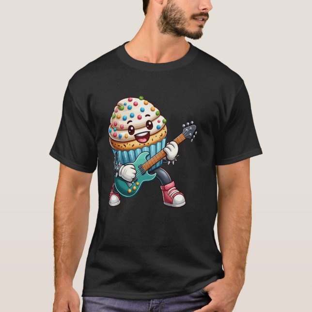 Rockstjärn Cupcake Serietecken Rolig Gitarr P T Shirt (Framsida)