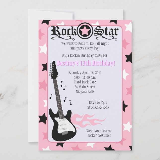 ROCKSTJÄRNA 5x7 Rosa Rocker Birthday-inbjudan Inbjudningar (Framsida)