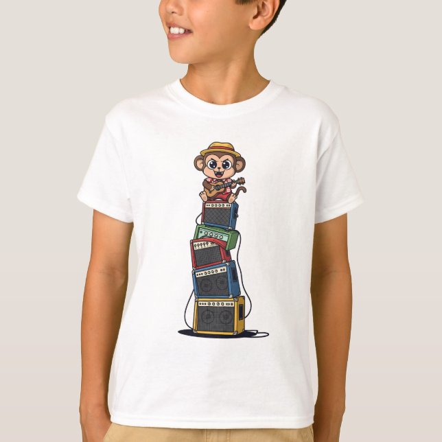Rockstjärna Apa Musiker Staplar Förstärkare Barn T Shirt (Framsida)