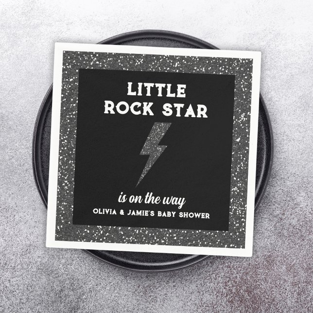 Rockstjärna Baby Shower Black Rock and roll Pappersservett (little rock star baby shower napkins black glitter flash rock and roll)