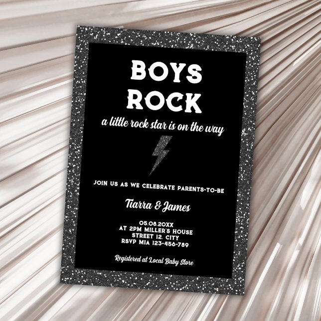 Rockstjärna Boy Shower Black Rock and roll Inbjudningar (little rock star rock and roll boy baby shower invitation)