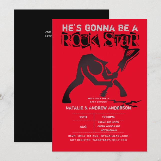 ROCKSTJÄRNA BOYS Baby Shower Red Black Modern Guit Inbjudningar (Fram/baksida)