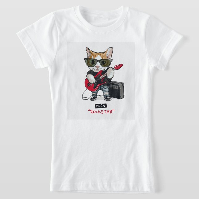 Rockstjärna Cat T-Shirt (A white t-shirt with a square design in the center, featuring a cat dressed as a rockstar.)