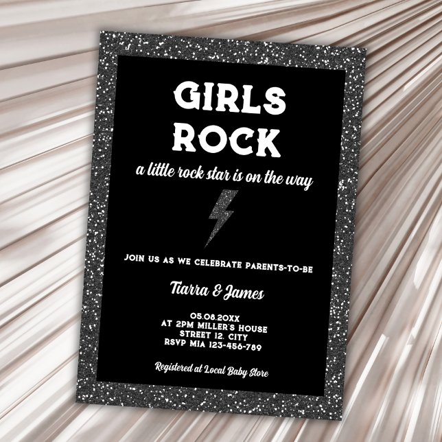 Rockstjärna Girl Baby Shower Black Rock and roll Inbjudningar (little rock star rock and roll girl baby shower invitation)