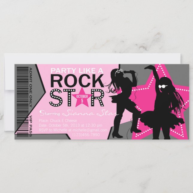Rockstjärna Girl Band Birthday Rosa Grått Inbjudningar (Framsida)