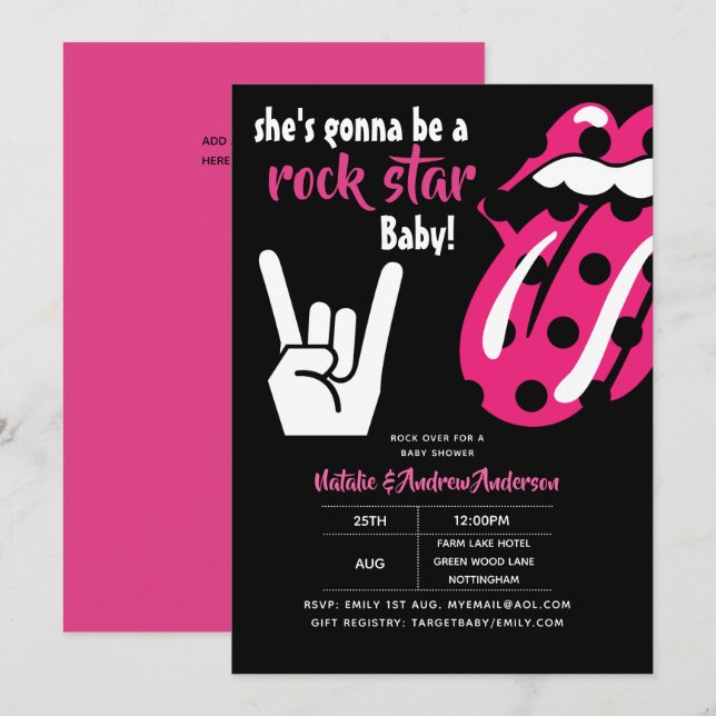 ROCKSTJÄRNA Girls Baby Shower Shock rosa Modern Mu Inbjudningar (Fram/baksida)