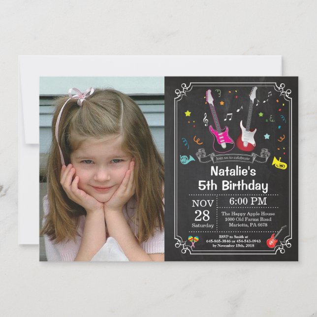 Rockstjärna Guitar Birthday Inbjudan Music Girl (Framsida)