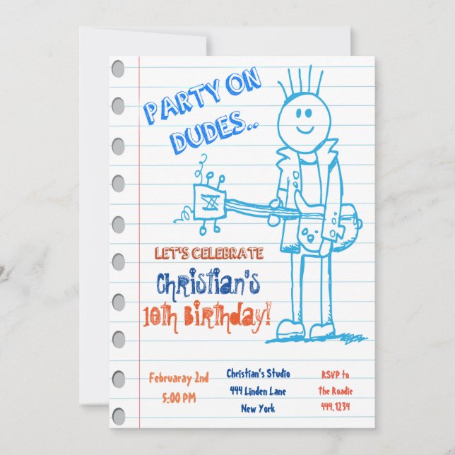 Rockstjärna Guitar Doodle Birthday-inbjudan Inbjudningar (Framsida)