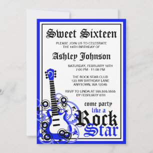 Rockstjärna Guitar Sweet 16 Födelsedagsfest Blue Inbjudningar